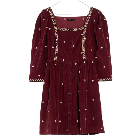 Madewell NWT Embroidered Corduroy Button-Front Mini Dress Size 10 Puff Sleeve - Picture 4 of 14